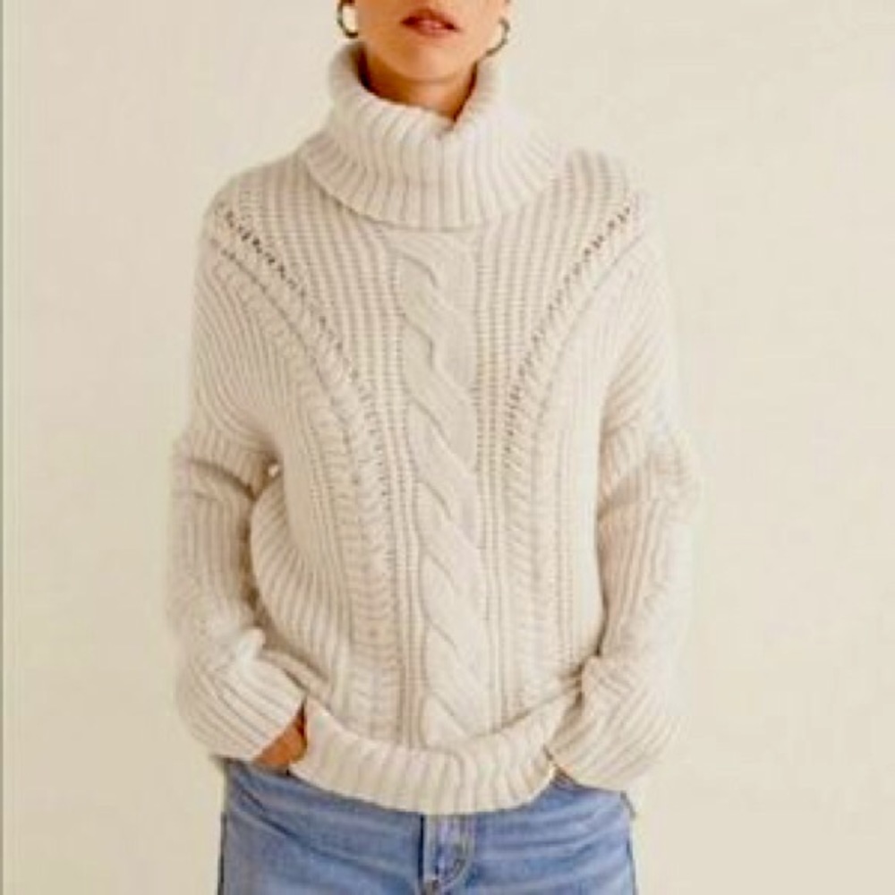 Mango Chunky Knit Oversized Cream Turtleneck Sweater